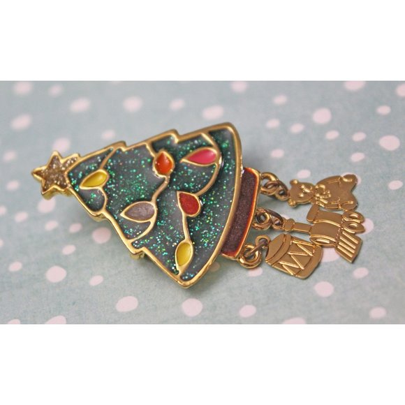 Gold Toned Christmas Tree Brooch Pin Green Enamel With Gold Dangling Charms VP36 - Picture 3 of 4
